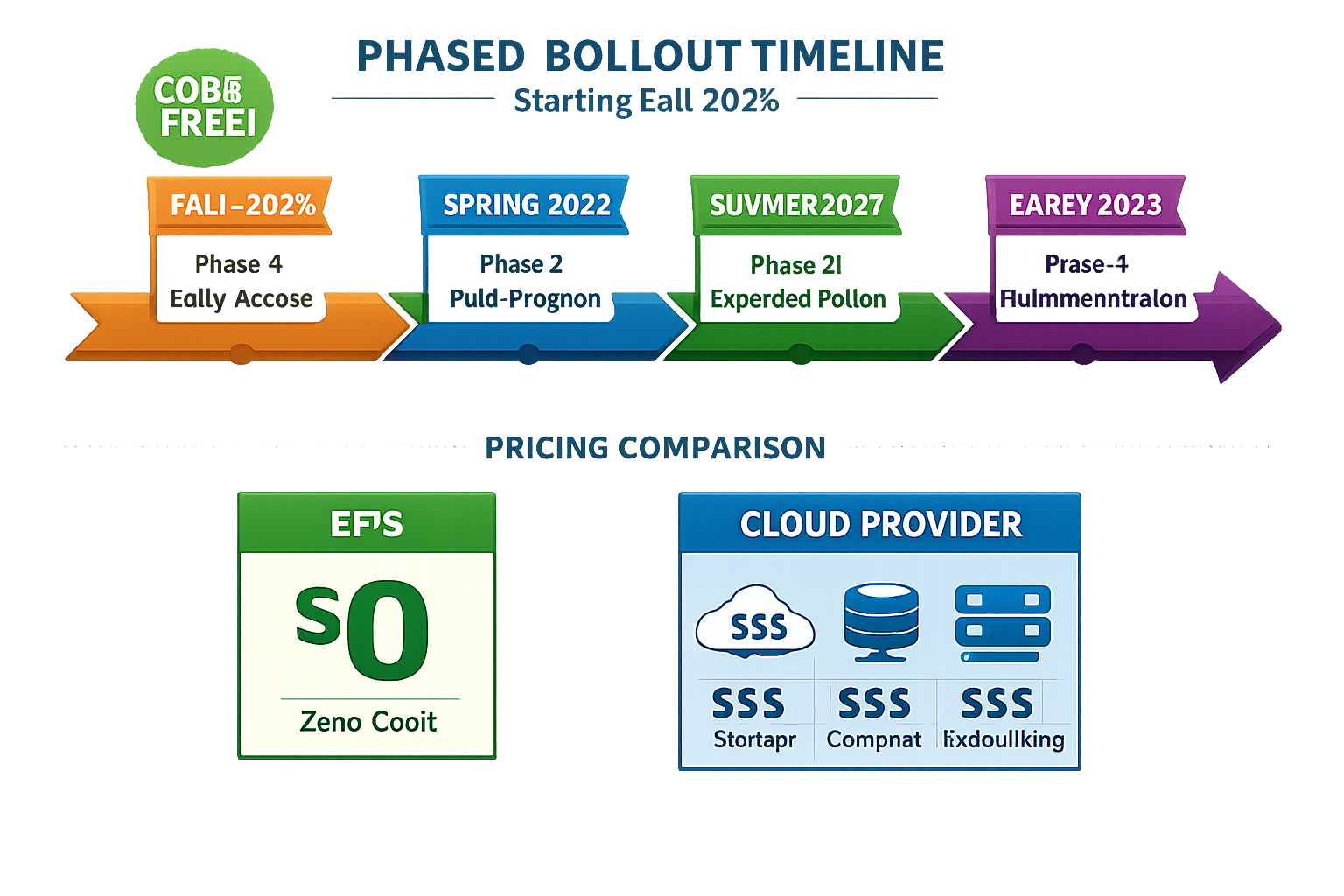Anthropic COBE FREE phased bollout timeline starting Fall 2022 with pricing comparison showing zero-cost EFS versus cloud ...