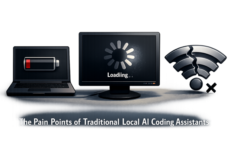Local AI coding assistant pain points: low battery, slow loading, poor WiFi connection illustrated with laptop, monitor, a...