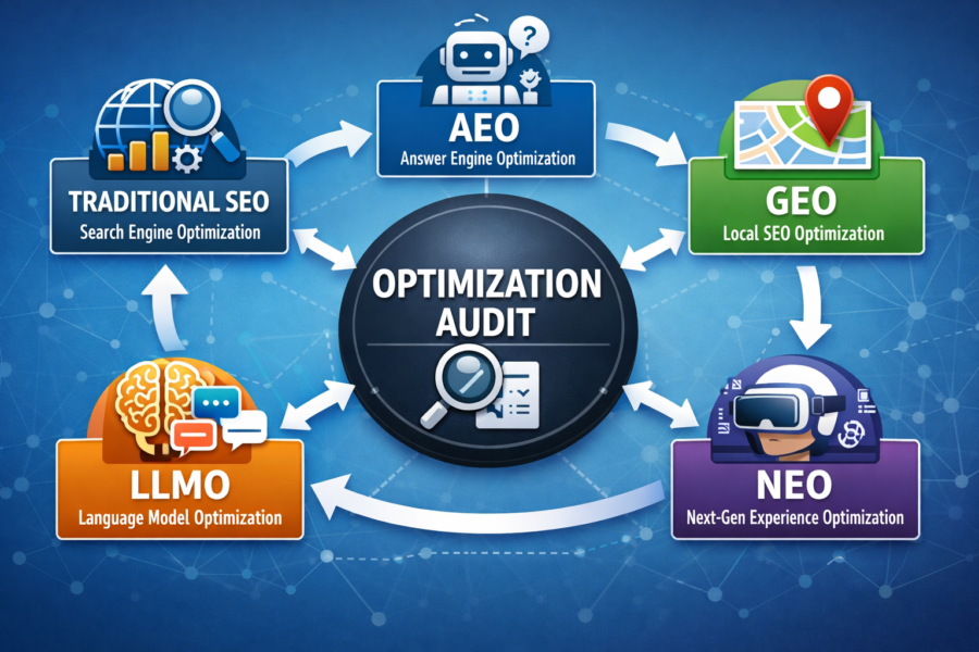 Optimization Audit diagram showing SEO strategies: Traditional SEO, AEO, GEO, LLMO, and NEO for automated search engine op...
