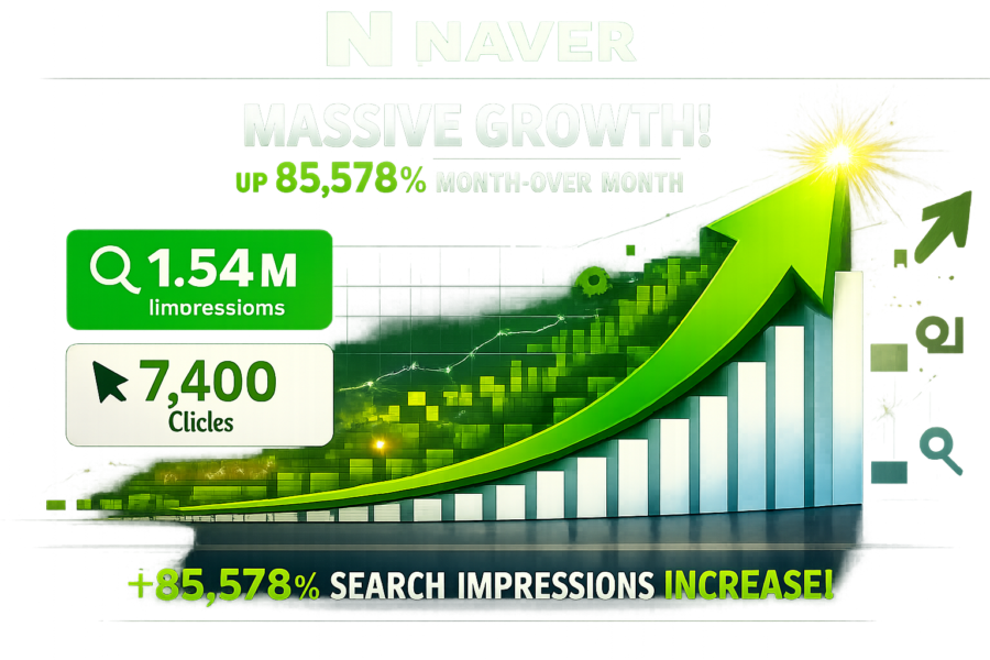 Naver SEO growth chart showing 85,578% monthly increase with 1.54M impressions and 7,400 clicks