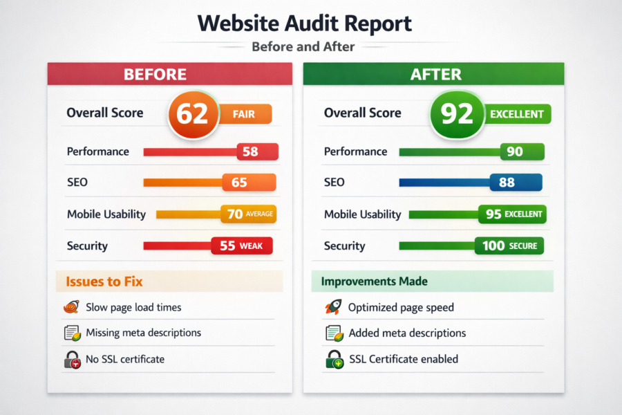 Website audit report showing SEO improvements: overall score increased from 62 to 92, with performance, mobile usability, ...