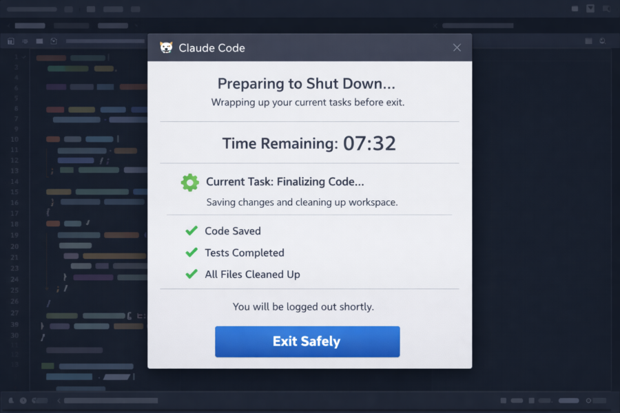 Claude Code shutdown dialog showing task finalization with 7:32 time remaining and completion checkmarks for saved code an...