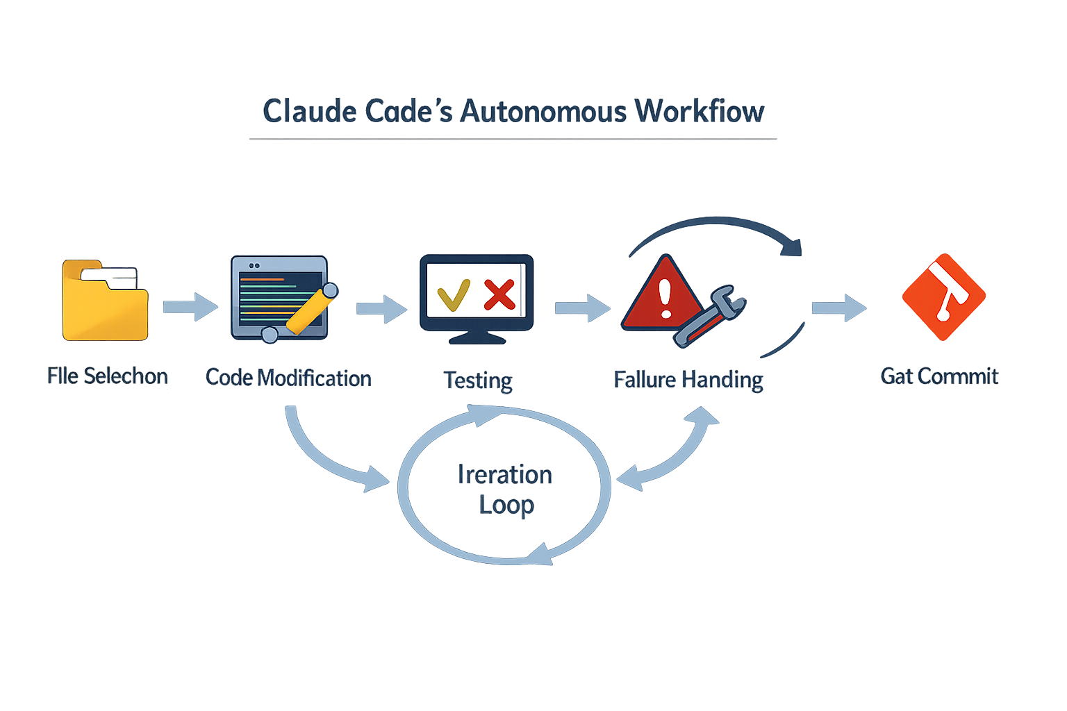 Claude Code's autonomous workflow: file selection, code modification, testing, failure handling, and git commit with itera...