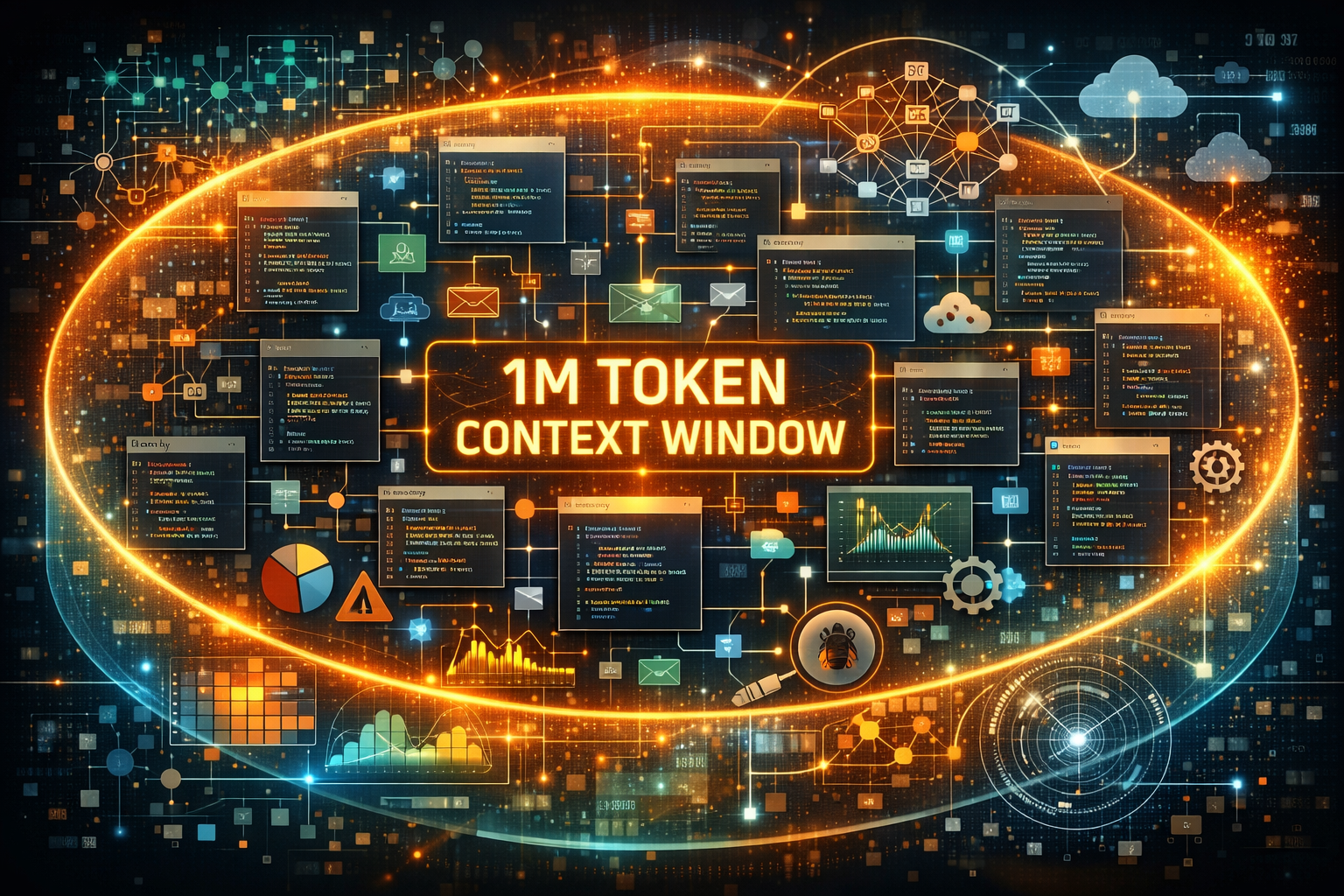 1M token context window visualization with AI coding networks, data processing interfaces, and digital analytics dashboard...