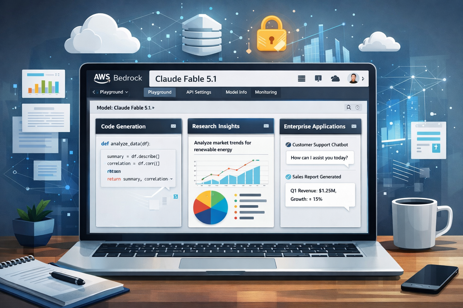 AWS Bedrock Claude Fable 5.1 interface displaying code generation, research insights, and enterprise applications dashboard.