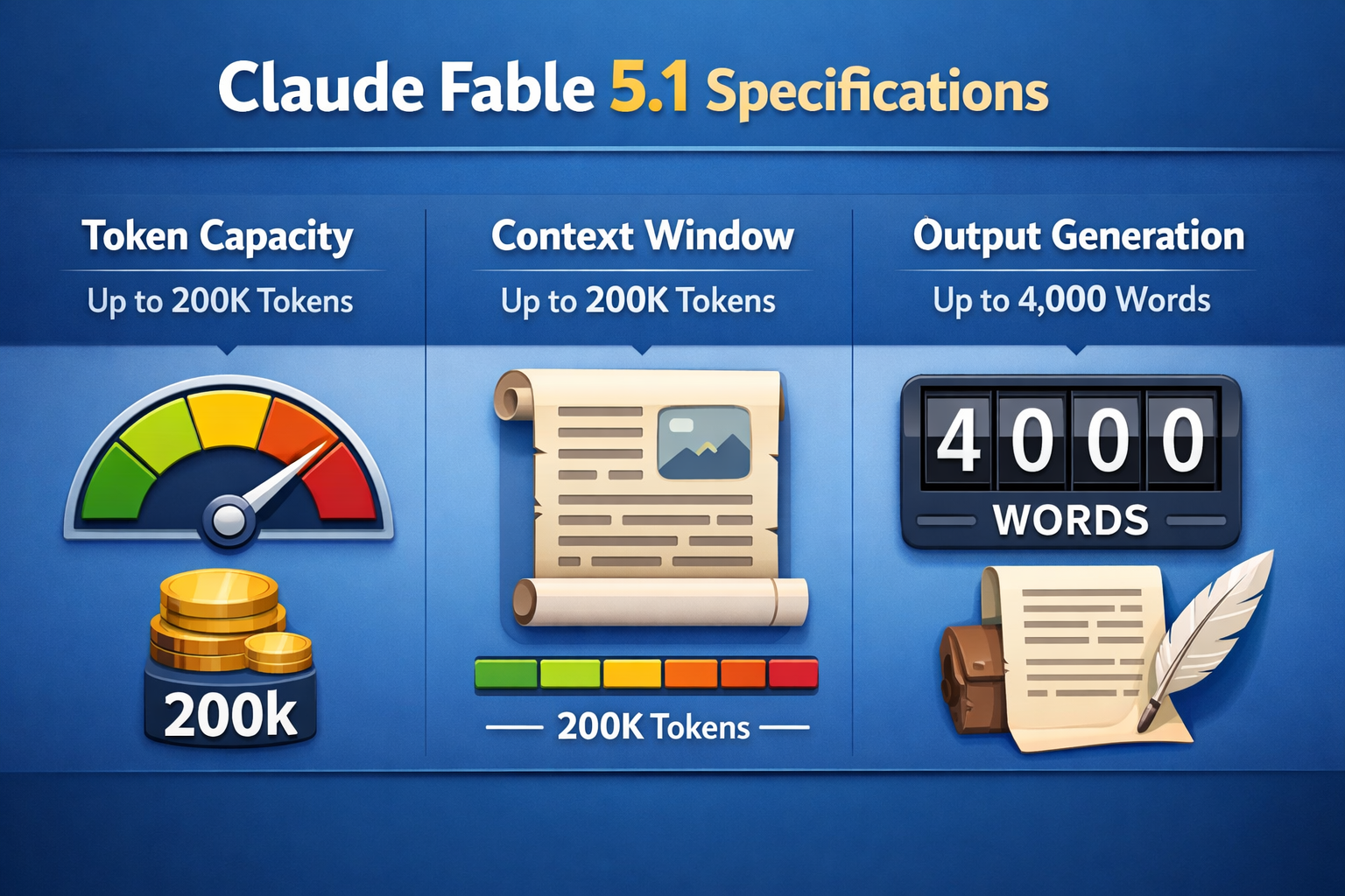 Claude Fable 5.1 specifications showing 200K token capacity, context window, and 4000 word output generation capabilities.