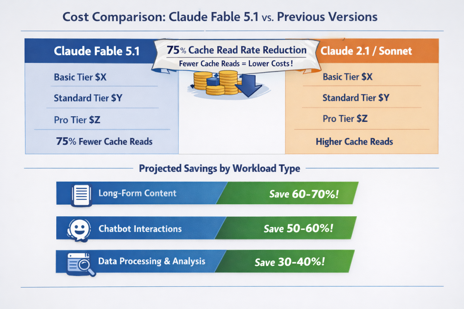 Claude Fable 5.1 cost comparison chart showing 75% cache read reduction and projected savings by workload type versus Clau...