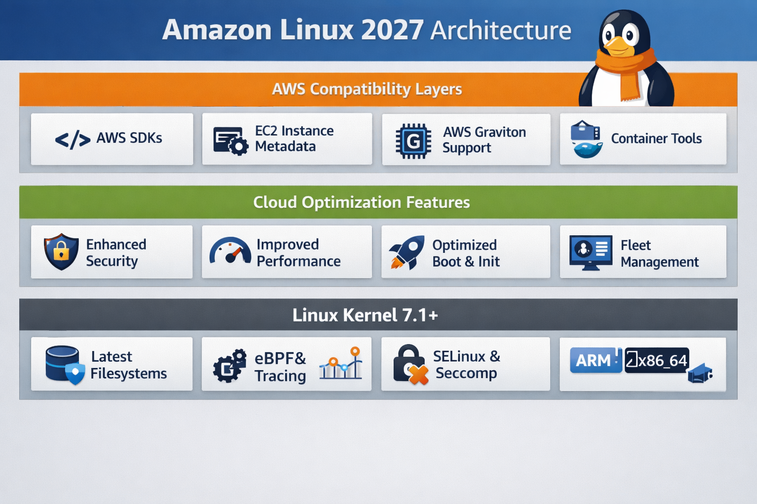 Amazon Linux 2027 architecture diagram showing AWS compatibility layers, cloud optimization features, and Linux kernel 7.1...