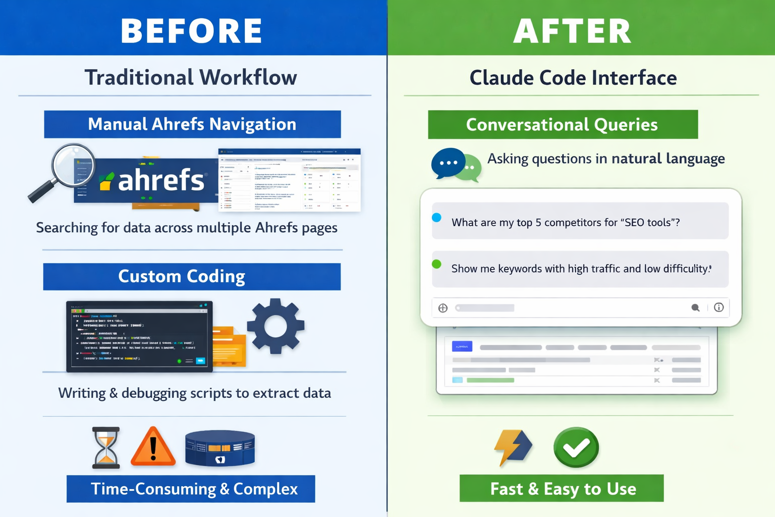 Before/after comparison: Traditional Ahrefs workflow vs Claude Code Interface with conversational queries for SEO data ext...