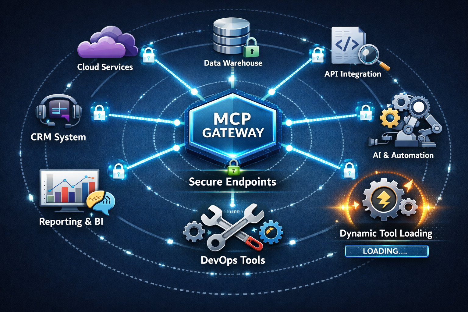 MCP Gateway ecosystem diagram showing secure cloud integration with CRM, APIs, DevOps tools, and automation systems.