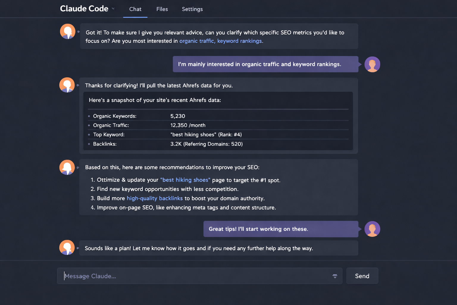 Claude Code chat with Ahrefs SEO data showing organic keywords, traffic metrics, and optimization recommendations for keyw...