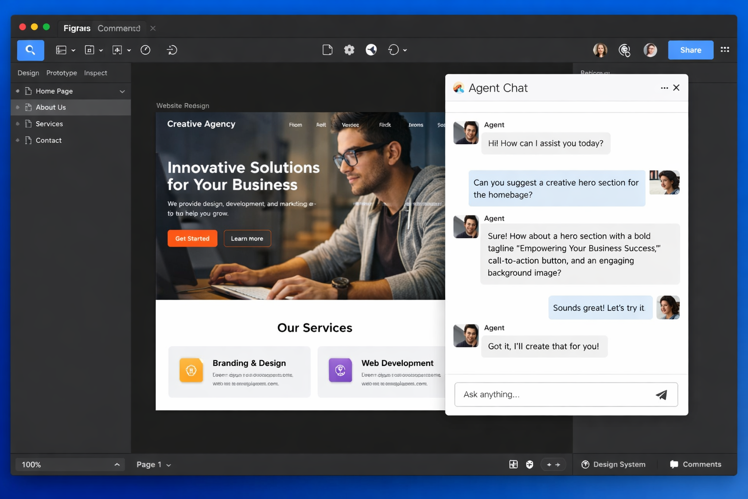 Figma design tool showing creative agency website with AI Agent Chat panel for design suggestions and collaboration features.