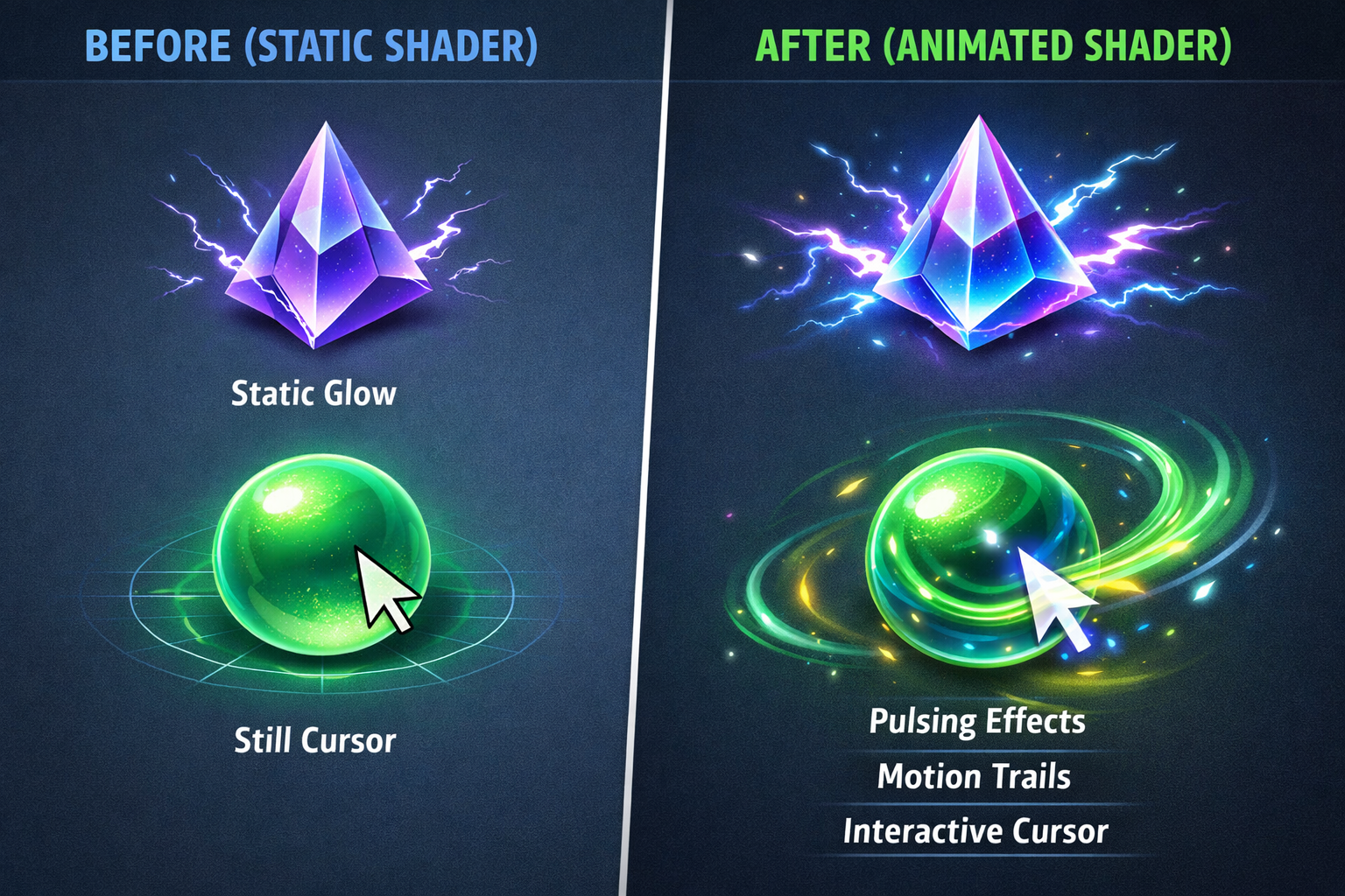 Figma animated shader comparison: static glow pyramid and glowing sphere before and after with pulsing effects and motion ...
