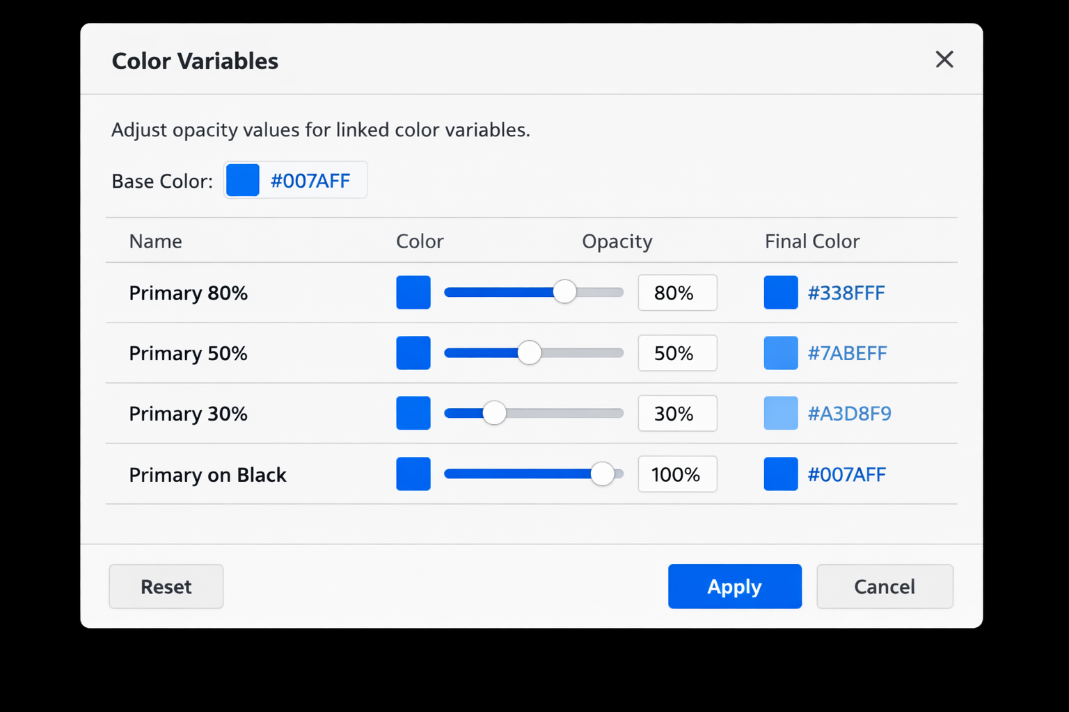 Figma color variables dialog showing opacity adjustments for linked blue color values with hex codes and final color preview.