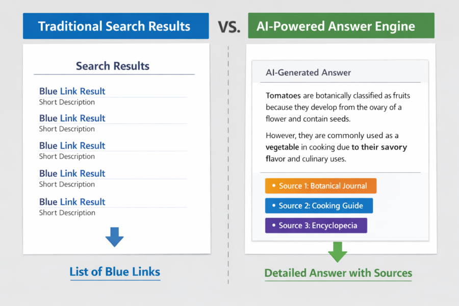 Traditional search results vs AI-powered answer engine comparison showing blue links versus detailed answers with sources.