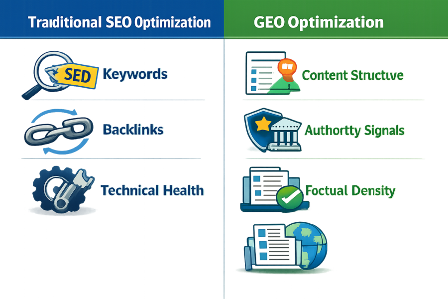 Traditional SEO vs GEO optimization comparison chart showing keywords, backlinks, technical health, content structure, aut...