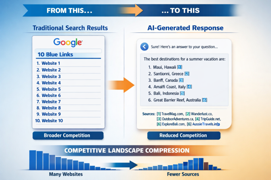 AI search results compress competition: traditional 10 blue links vs AI-generated answers with fewer curated sources, resh...