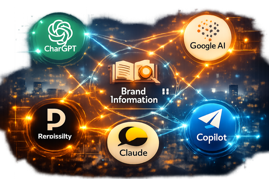 AI tools comparison for brand search visibility: CharGPT, Google AI, Claude, Copilot, Perplexity connected to Brand Inform...