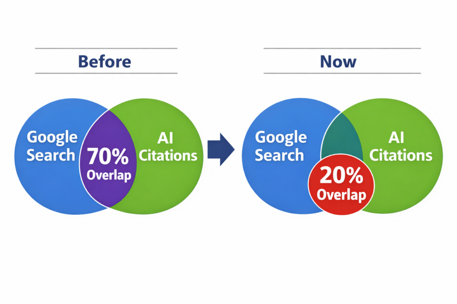 Google Search and AI Citations overlap decreased from 70% to 20%, showing GEO strategy impact on AI search visibility for ...
