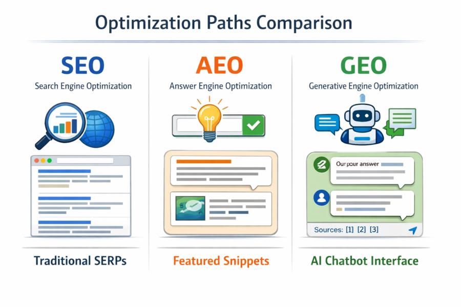 Comparison of SEO, AEO, and GEO optimization paths showing traditional SERPs, featured snippets, and AI chatbot interfaces.