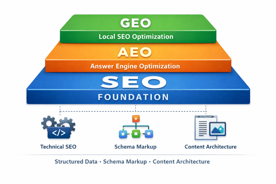 SEO foundation pyramid showing Local SEO, Answer Engine, and technical optimization layers for AI search strategy.