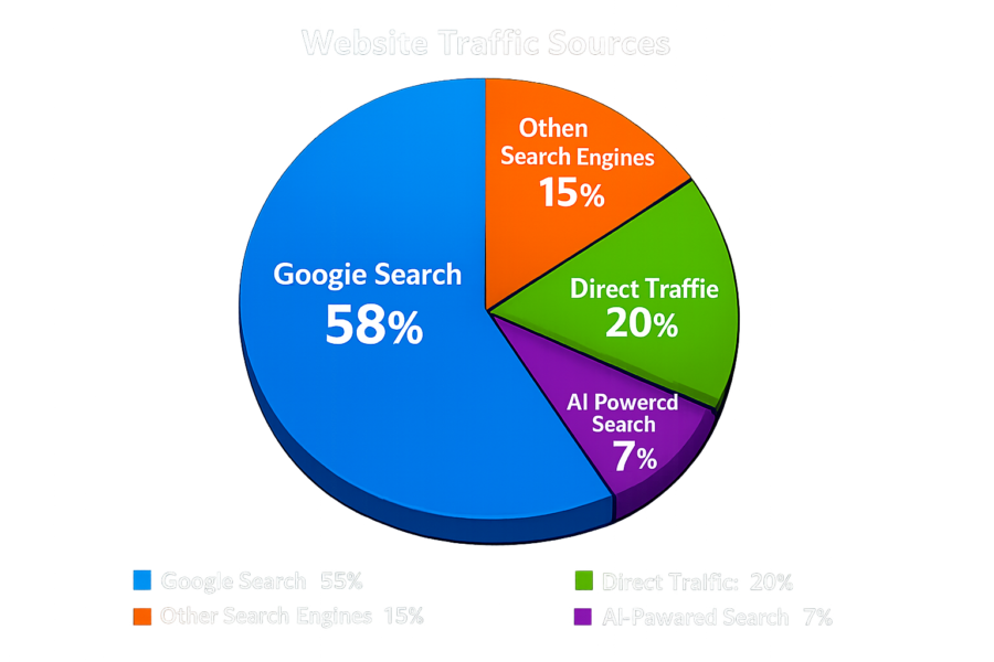 Website traffic sources pie chart showing Google Search 58%, Direct Traffic 20%, Other Search Engines 15%, AI-Powered Sear...