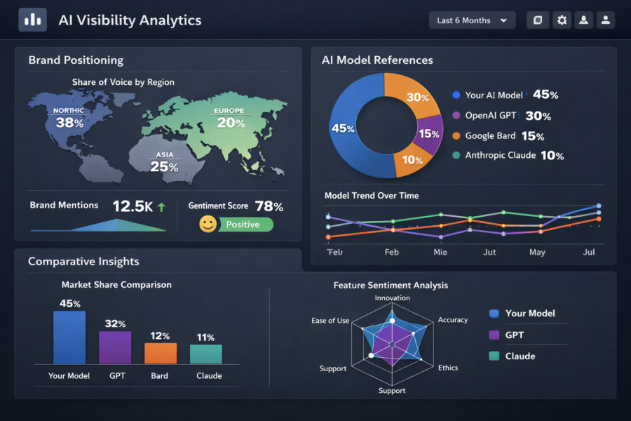AI visibility analytics dashboard showing brand positioning, market share comparison, and AI model references with sentime...