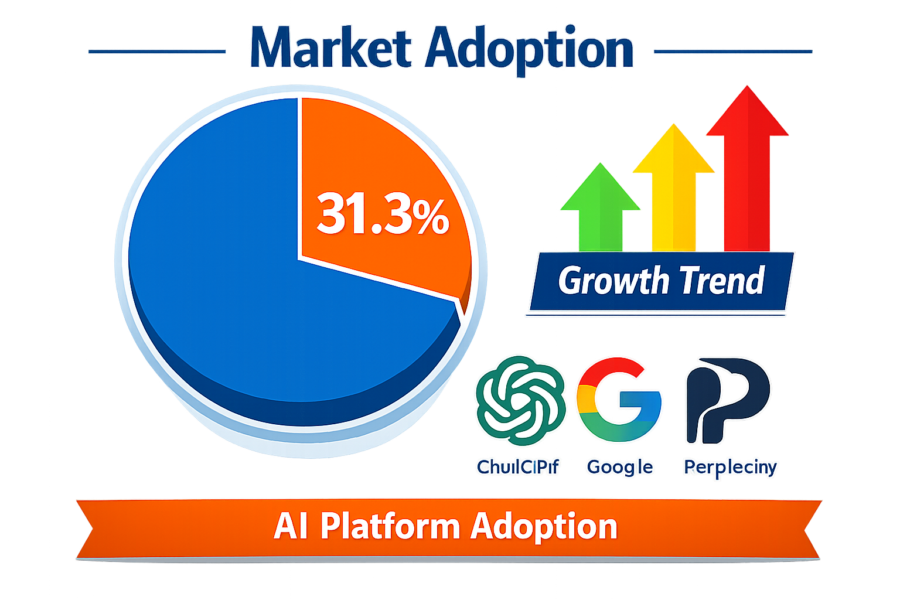 AI platform market adoption chart showing 31.3% orange segment, growth trend arrows, and logos for ChatGPT, Google, and Pe...