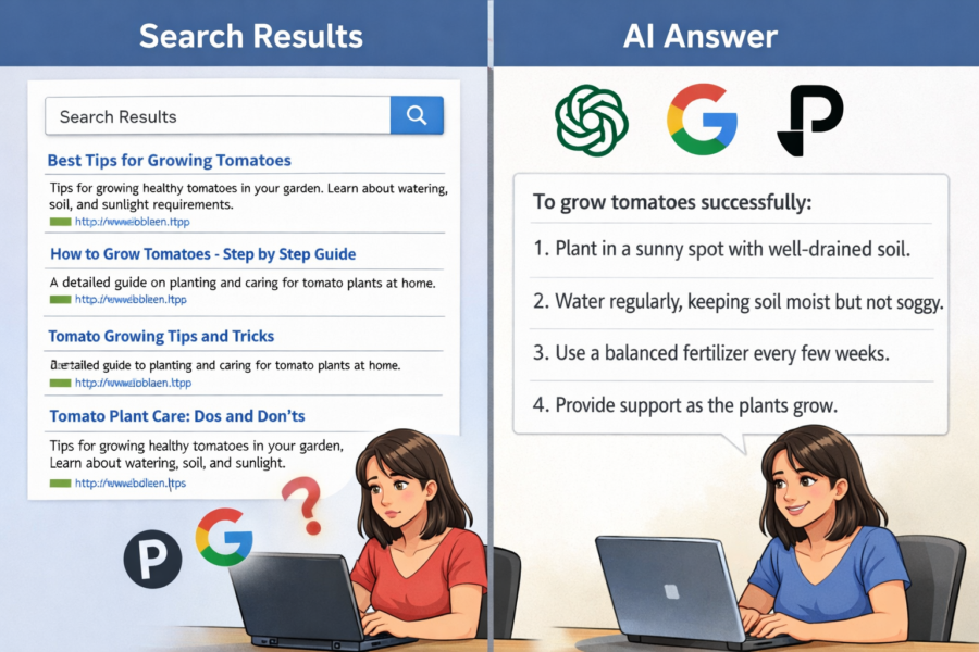 AI search results comparison: traditional search results vs. AI answer for tomato growing tips with logos.