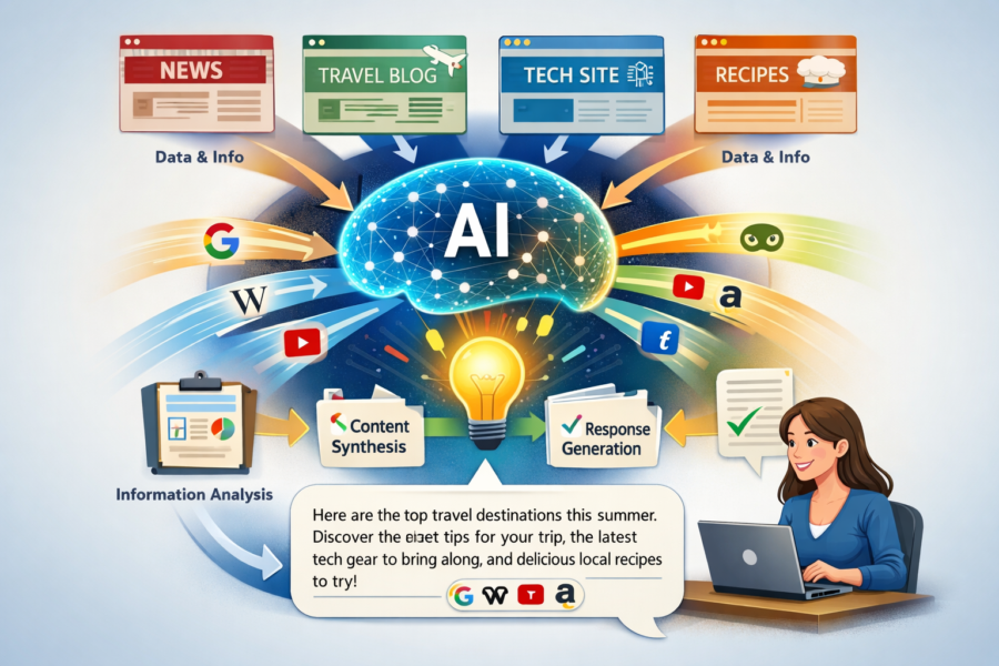 AI aggregating data from news, travel, tech, and recipe websites to generate personalized responses for users.