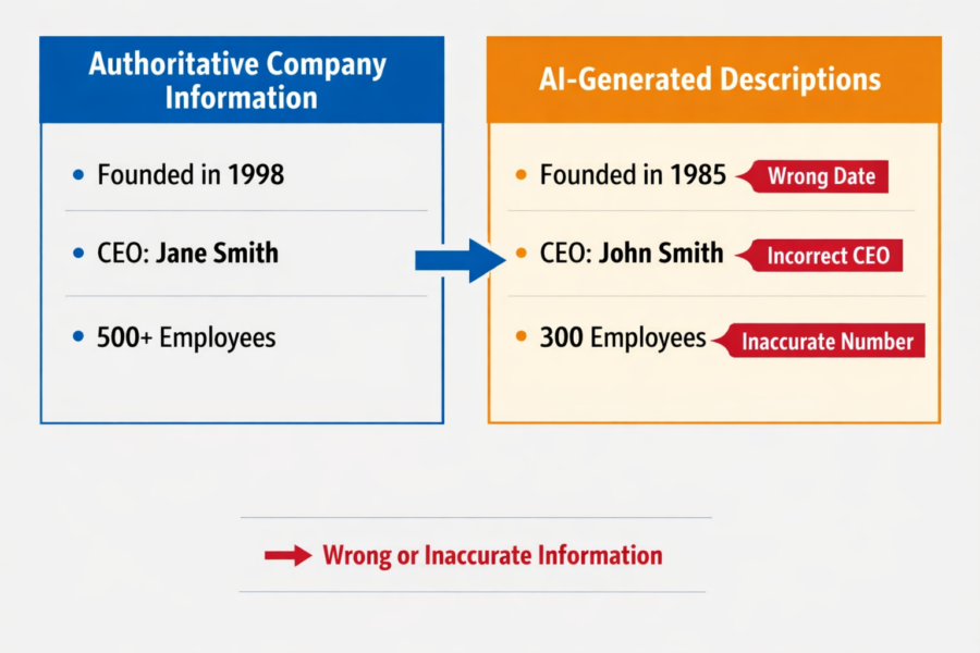 Comparison of authoritative company info vs AI-generated descriptions showing inaccuracies in founding date, CEO name, and...