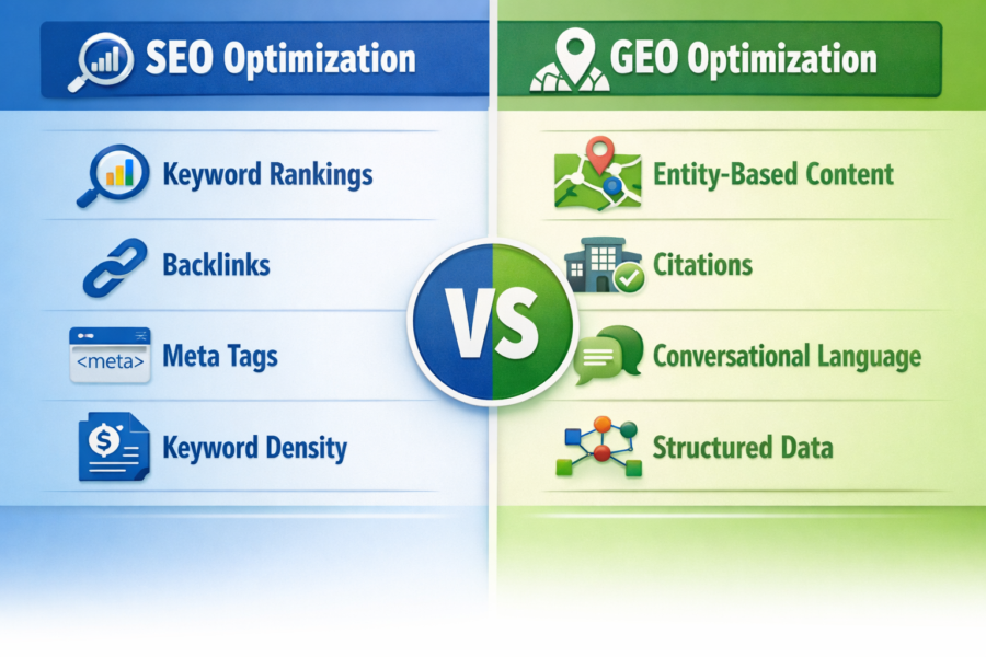SEO vs GEO optimization comparison: keyword rankings, backlinks, meta tags, keyword density versus entity-based content, c...