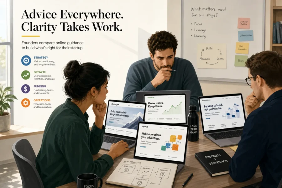 Editorial illustration of startup founders comparing advice websites on laptops