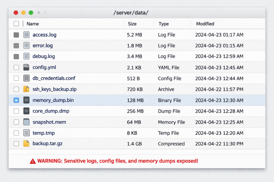 Server data directory exposing sensitive logs, config files, and memory dumps from database breach affecting South Korean ...