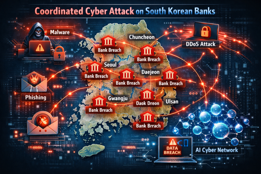 Coordinated cyber attack map showing South Korean banks hit by malware, phishing, DDoS, and data breaches across multiple ...