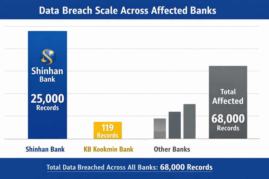 Data breach chart showing 68,000 records exposed across 9 South Korean banks, with Shinhan Bank affected most at 25,000 re...