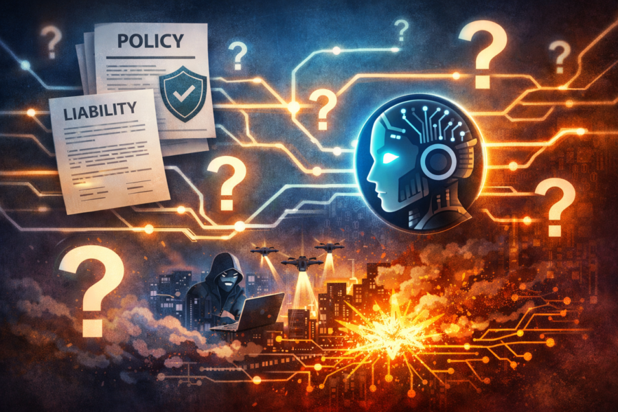AI cyber attack threat illustration with policy and liability documents, hacker, and South Korean banks under digital assa...
