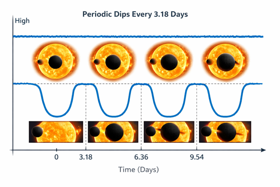 Periodic transit diagram showing exoplanet dips every 3.18 days across TESS observations of star TIC 4206066.