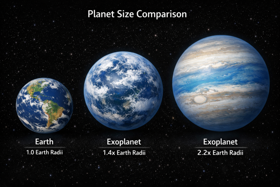 Planet size comparison showing Earth, 1.4x Earth radii exoplanet, and 2.2x Earth radii exoplanet candidate from TESS survey.