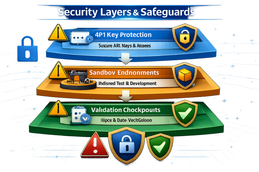 Security layers diagram showing 4P1 key protection, sandbox environments, validation checkpoints with access controls and ...