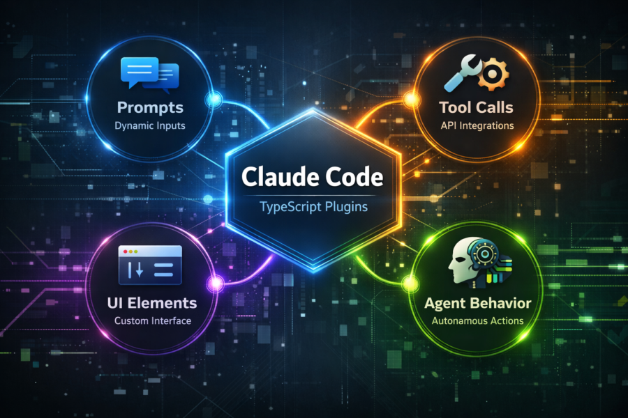 Claude Code TypeScript plugins diagram showing Prompts, Tool Calls, UI Elements, and Agent Behavior integration features.