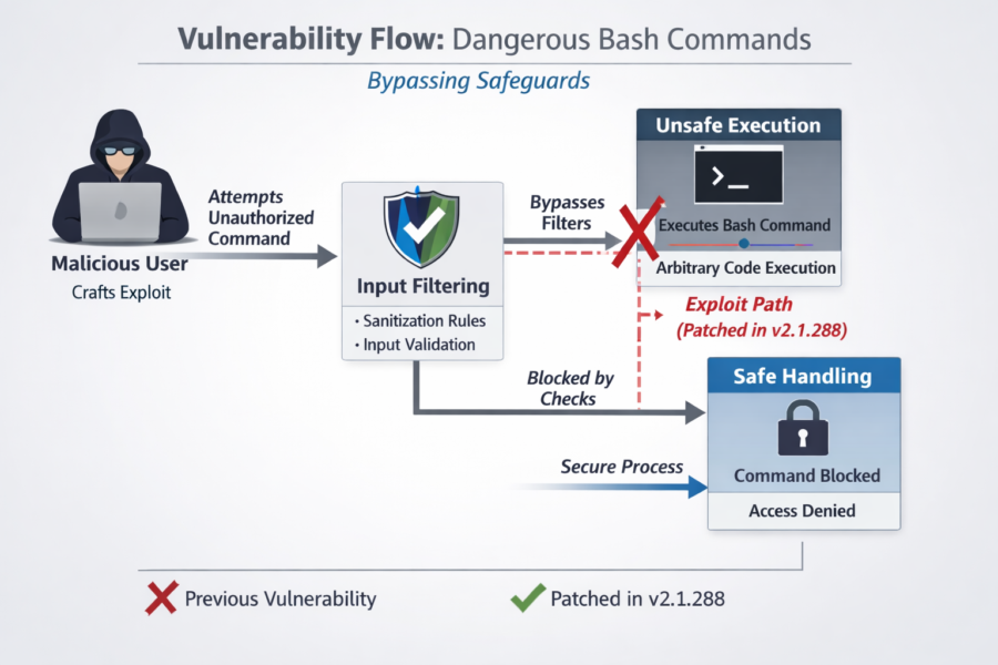 Vulnerability flow diagram showing dangerous Bash command execution paths, input filtering safeguards, and security patche...