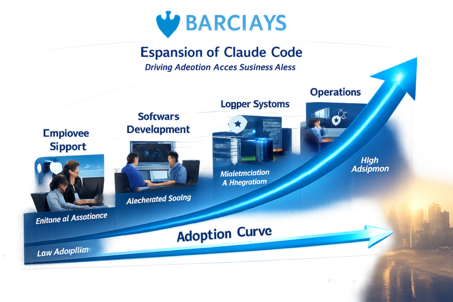 Barclays Claude Code expansion adoption curve showing employee support, software development, operations, and business gro...