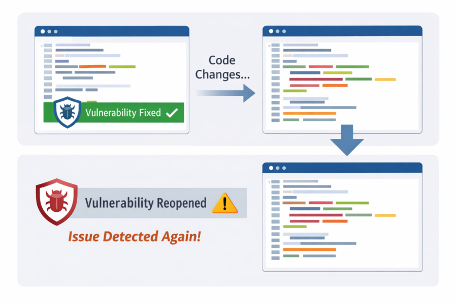 Vulnerability detection workflow showing fixed security issues reintroduced after code changes in continuous scanning.