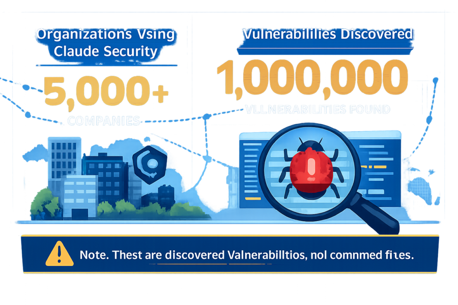 Claude Security scans 5,000+ companies, discovering 1,000,000 vulnerabilities with continuous security monitoring.
