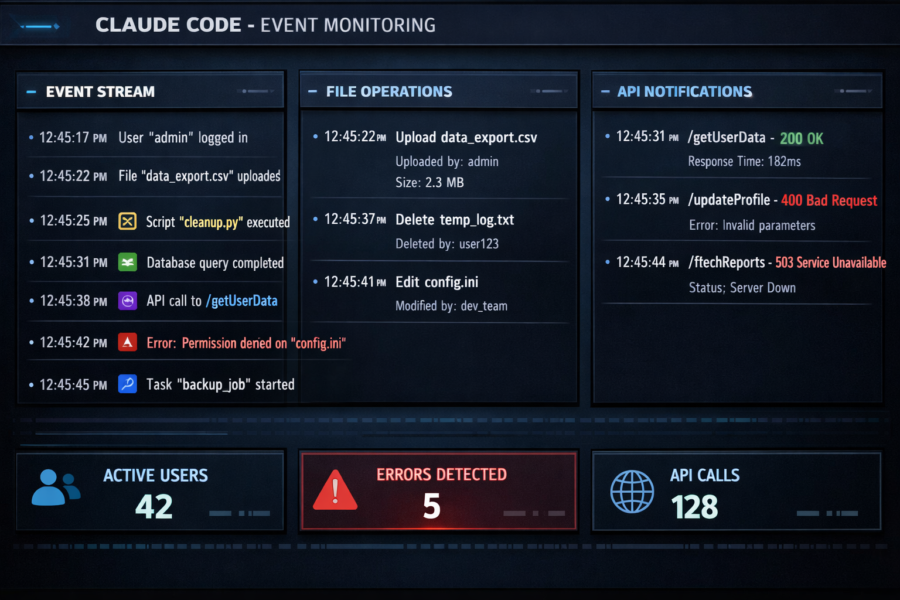 Claude Code event monitoring dashboard displaying real-time API notifications, file operations, and error detection metrics.
