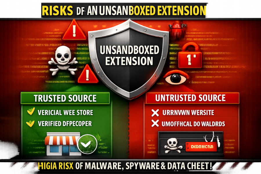 Risks of unsanboxed extensions infographic showing trusted vs untrusted sources with malware warnings