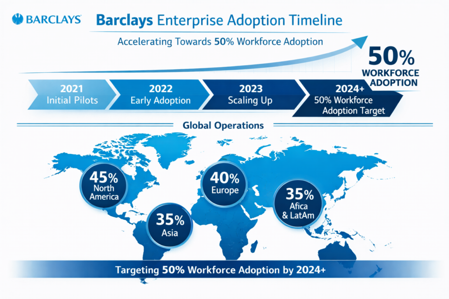 Barclays Enterprise Adoption Timeline showing 50% workforce adoption goal by 2024+ across global operations in North Ameri...