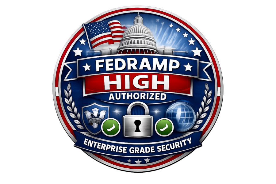 FedRAMP High Authorized enterprise-grade security badge with Capitol dome and padlock icon for secure software development.