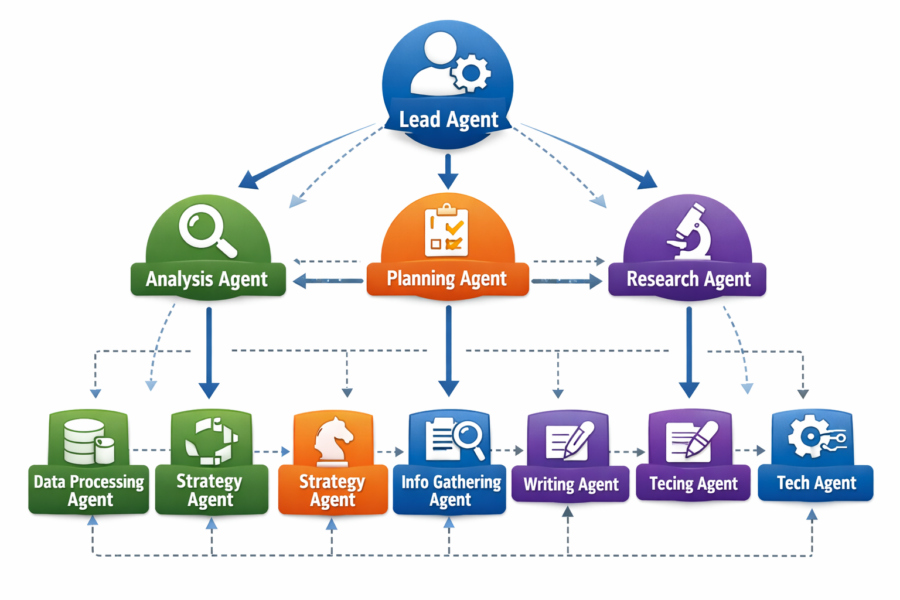 Multi-agent workflow diagram showing Lead Agent coordinating Analysis, Planning, and Research Agents with specialized sub-...